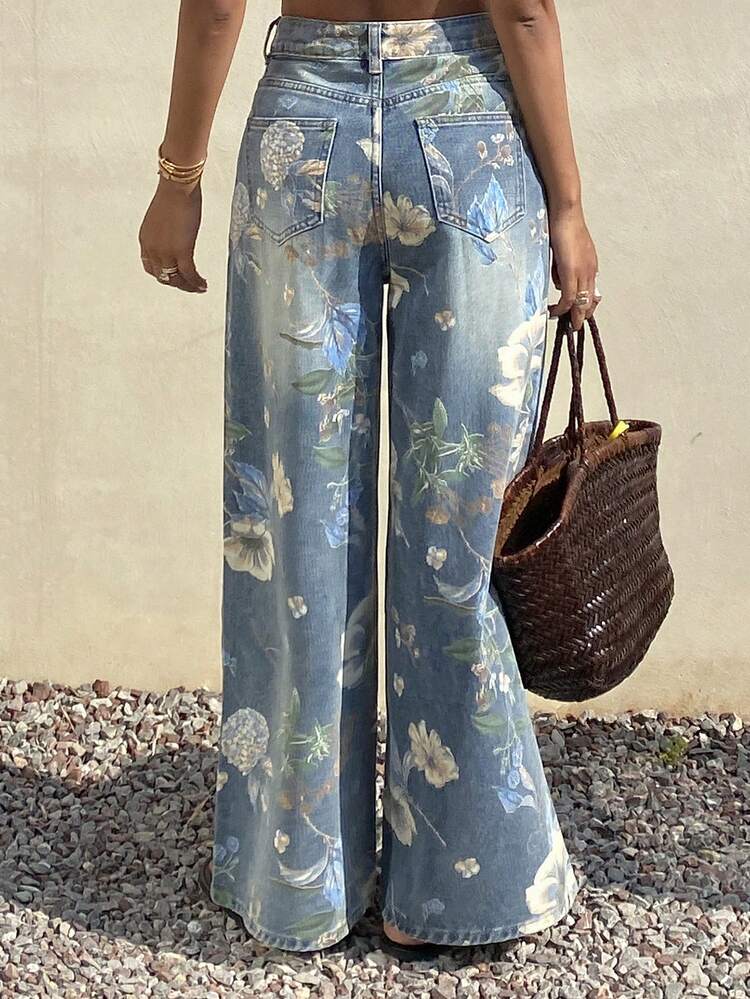 Women's Floral Print Loose Straight Leg Jeans, Vacation Style