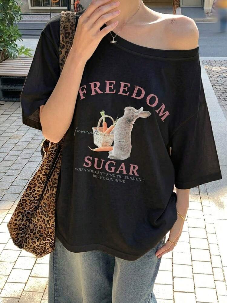 Women's Summer Loose Fit Asymmetrical Shoulder Floral Print Scoop Neck Short Sleeve Casual T-Shirt