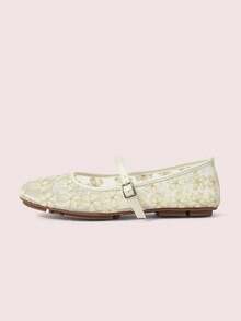 CUCCOO DOLLMOD Sepatu Wanita Modis Lucu Manis Ujung Bulat Bordir Bunga Tulisan dengan Model Mary Jane Flats - Aprikot Bunga Pir - View 6