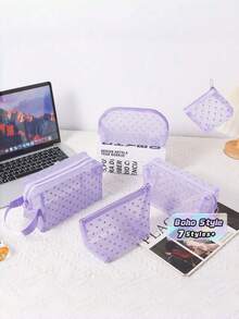 1PC Heart Print Mesh Makeup Bag - Boho Purple Toiletry Cosmetic Purse With Zipper Portable Organizer For Home Office Travel Christmas Gift - Purple - View 1