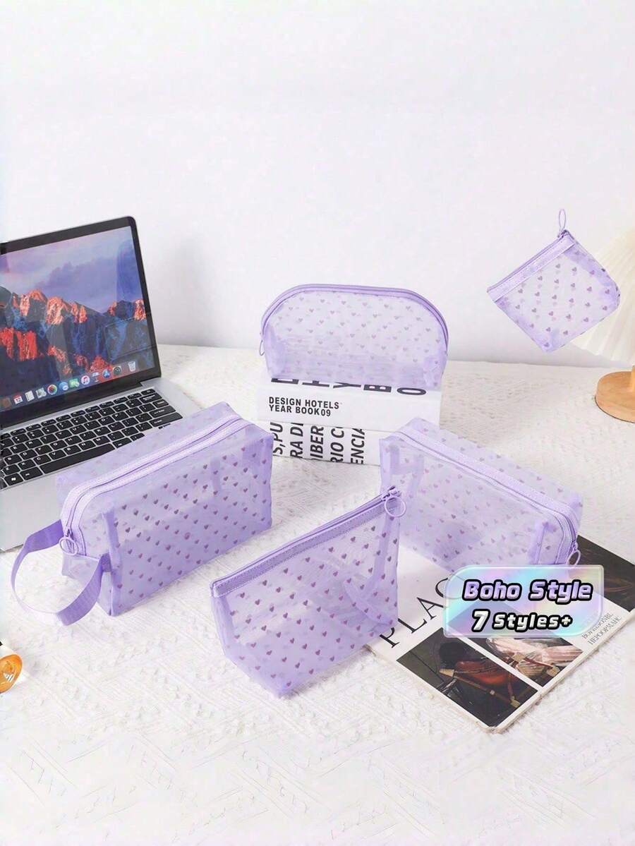 1PC Heart Print Mesh Makeup Bag - Boho Purple Toiletry Cosmetic Purse With Zipper Portable Organizer For Home Office Travel Christmas Gift - Purple - View 1