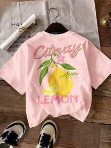 Tween Girl'Cute Summer Casual Graphic T-Shirt,Light Pink Retro Lemon Tree & Flower Print,Loose Dropped Shoulder Short Sleeve Tee For School Vacation - Multicolor - View 3