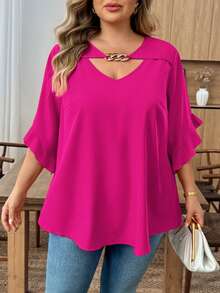 SHEIN CURVE+ Plus Size Women Solid Color Metal Decor Casual Versatile Daily Wear Blouse - Hot Pink - View 9