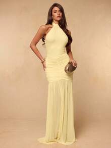 SHEIN BAE Đầm mùa hè màu vàng trơn, chất liệu lưới, xếp ly ở gấu, hơi xuyên thấu, gợi cảm và thanh lịch, đầm vàng, đầm đi nghỉ mát, đầm dự tiệc. - Màu vàng - Xem 4