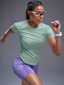 Powerista Solid Color Hollow Out Slim Fit Short Sleeve Athletic T-Shirt - Green - View 3