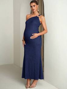 MaterniChic Fashionable & Versatile Textured Asymmetrical Shoulder Metal Buckle Maternity Dress - Royal Blue - View 6