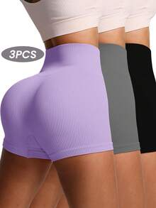 SHEIN Velisys 3件套加大码女式纯色条纹休闲运动短裤套装 - 彩色 - 查看 1