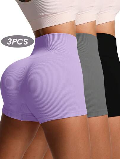 SHEIN Velisys Set de 3 pantalones cortos deportivos casuales de talla grande para mujer, de unicolor y a rayas
