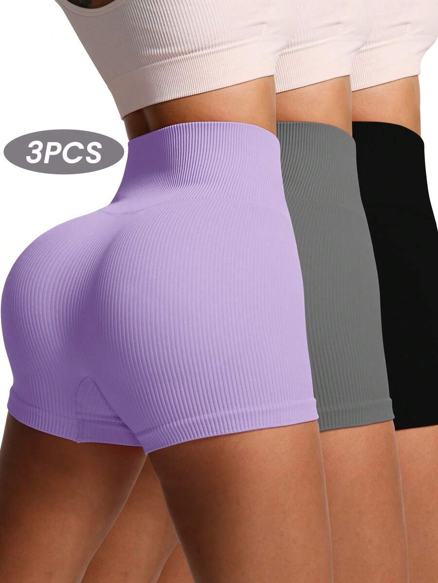 SHEIN Velisys 3件套加大码女式纯色条纹休闲运动短裤套装 - 彩色 - 查看 1