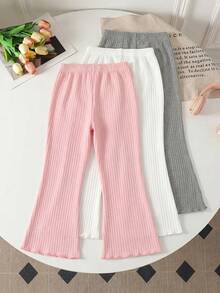 SHEIN 3件套女童休闲柔粉色、白色和灰色纯色喇叭裤，饰有爱心印花，高性价比，适合春夏室内外玩耍，甜美清新，舒适喇叭裤套装 - 彩色 - 查看 2