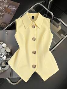 Franclia Pure White Sleeveless Vest, Draping Fabric Slim And Neat, A-Line Asymmetric Hem With Rose Gold Buttons, Creating Elegant Commuter And Urban Chic Style - Yellow - View 4