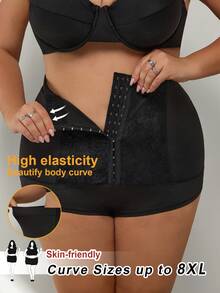 SHEIN CURVE+ 加大码女式黑色性感蕾丝拼接高腰塑形短裤/2026新款/新年加大码女式曲线塑形裤 - 黑色 - 查看 1