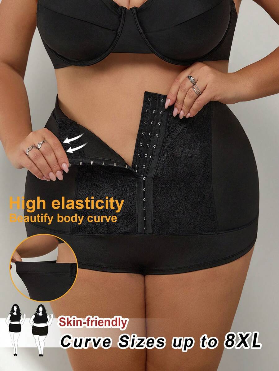 SHEIN CURVE+ 加大码女式黑色性感蕾丝拼接高腰塑形短裤/2026新款/新年加大码女式曲线塑形裤 - 黑色 - 查看 1