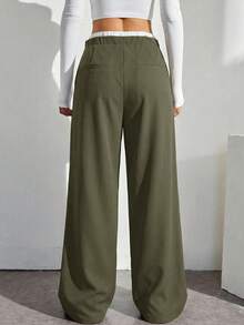 SHEIN Tall 女款對比色綁帶腰寬腿寬鬆長褲，適合高個女性 - 軍綠色 - 查看 2