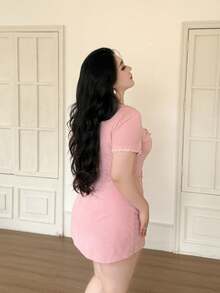 Vibekara Plus Size Women's Square Neck Dress With Floral Trim, 4 Pockets, Fitted Silhouette, Cute & Comfortable, Spring/Summer - Pink - View 2