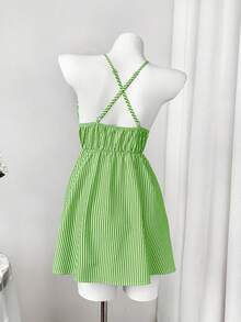 Rustia Plus Size Women Deep V-Neck Sexy Halter Striped Dress - Green - View 2