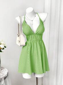 Rustia Plus Size Women Deep V-Neck Sexy Halter Striped Dress - Green - View 5