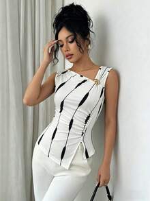Elenzya Women's Minimalist Sleeveless Solid Color Top For Everyday Wear - Black and White - View 5
