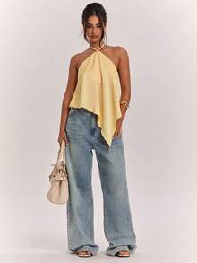 SHEIN BAE Áo hai dây satin màu vàng trơn, kiểu dáng thường ngày, hở lưng, vạt bất đối xứng, thích hợp cho kỳ nghỉ biển, kỳ nghỉ thư giãn cùng chị em, áo hai dây thanh lịch, áo hai dây satin tiện dụng, áo hai dây satin màu vàng, áo hai dây sang trọng. - Vàng nhạt - Xem 7