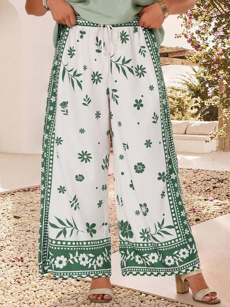 Plus Size Women Floral Print Drawstring Waist Loose Wide Leg Pants, Suitable For Beach & Holiday Boho Pants Green And White Pants Festival Trousers Mexican Pants,Summer Outfits For Womenm, Vacation Outfits Women ,Casual Blouse For Wome,Summer Holiday Outfits ,Country Style For Women Boho Pants For Women Yoga Pants Yoga Trousers Womens Pants Floral Print Pants