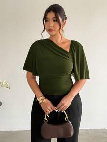 Firerie Plus Size Women Solid Color Pleated Fitted Casual Top - Green - View 5