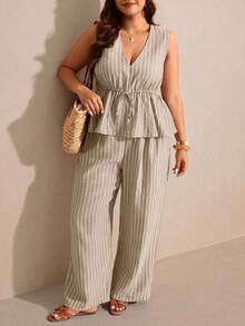 Elaquor Plus Size Casual Vacation Striped Sleeveless A-Line Shirt And Straight Leg Casual Pants 2 Pieces Set - Apricot - View 5