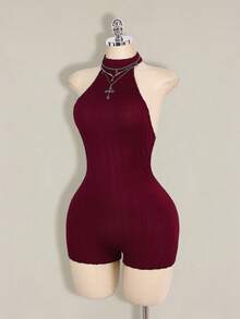 SHEIN ICON Bộ jumpsuit ôm sát cổ cao hở lưng màu đen dành cho nữ, kiểu dáng cơ bản thường ngày. - Màu Đỏ Sâu - Xem 7