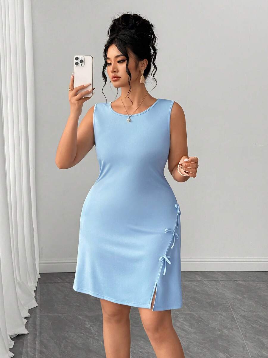 Elenzga 春夏秋三季蝴蝶结装饰个性化通勤休闲度假精致优雅大码蓝色连衣裙 - 藍色 - 查看 1