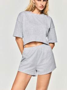 SHAPORA Solid Drop Shoulder Top & Shorts Lounge Set Outfit - Grey - View 5