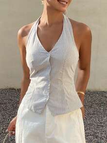 DAZY Top sin espalda casual con cuello de halter a rayas y sin mangas, chaleco de verano de vacaciones para mujer - Azul - Ver 3
