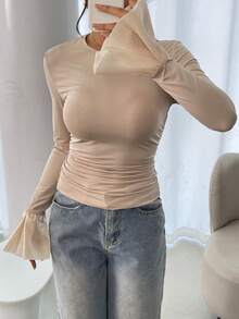 Women's Fashionable Elegant Bell Sleeve Ruched Fitted Blouse Fall Cloth For Women - Apricot - View 5
