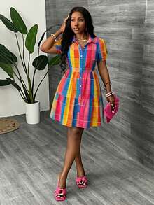 Slaydiva Vestido camisa de manga corta con un solo pecho a cuadros de colores para mujer de talla grande, adecuado para el verano - Multicolor - Ver 3