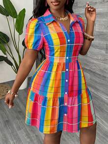 Slaydiva Vestido camisa de manga corta con un solo pecho a cuadros de colores para mujer de talla grande, adecuado para el verano - Multicolor - Ver 6