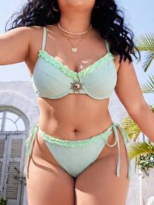 Swim Mod Plus Size Women Summer Beach Metal Decor Casual Bikini & Triangle Bottom Two-Piece Swimsuit Set - Mint Green - View 5