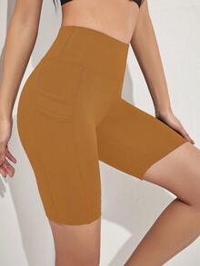 Easithlete Women's Solid Color High Waist Pocketed Casual Fitness Shorts - Ginger - View 6