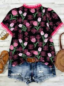 Linhara Plus Size Women Floral Print Ruffle Sleeve Casual Shirt - Black - View 2