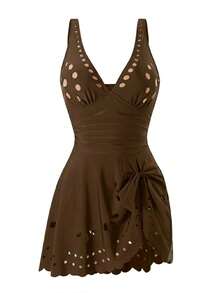 Swim Lushoire Mature Solid Color Cutout Ruffle One-Piece Swimsuit - Coffee Brown - View 5
