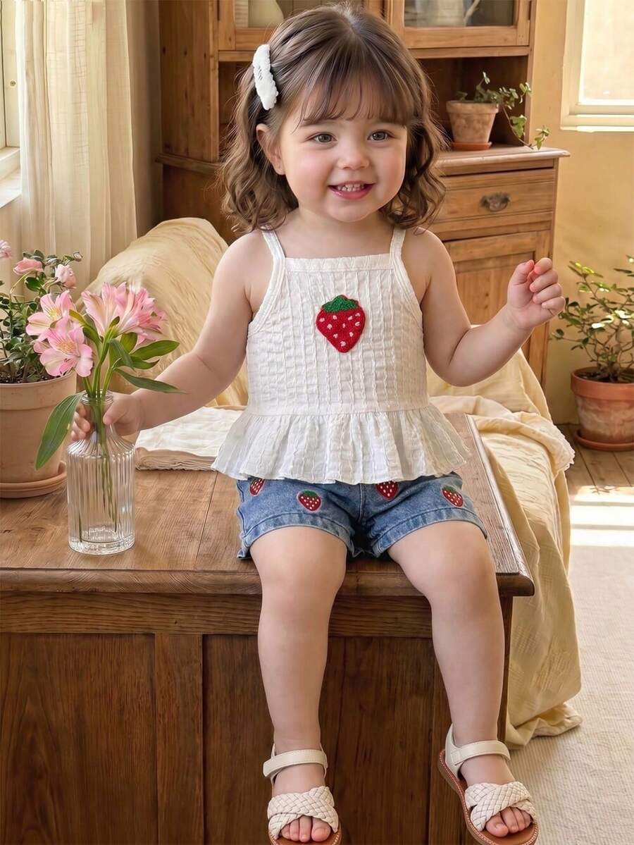 Baby Girls' Sleeveless Ruffled Strawberry Decor T-Shirt Set, Summer - White - View 1