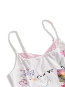 ROMWE Kawaii Women's Cute Girl Funny Print Rhinestone Decor Lace Patchwork Sleeveless Top - White - View 3