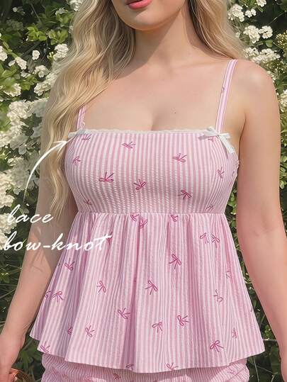 SHEIN MOD Plus Size Women Butterfly Print Contrast Lace Camisole Top Picnic Pink And White Striped Summer Cute