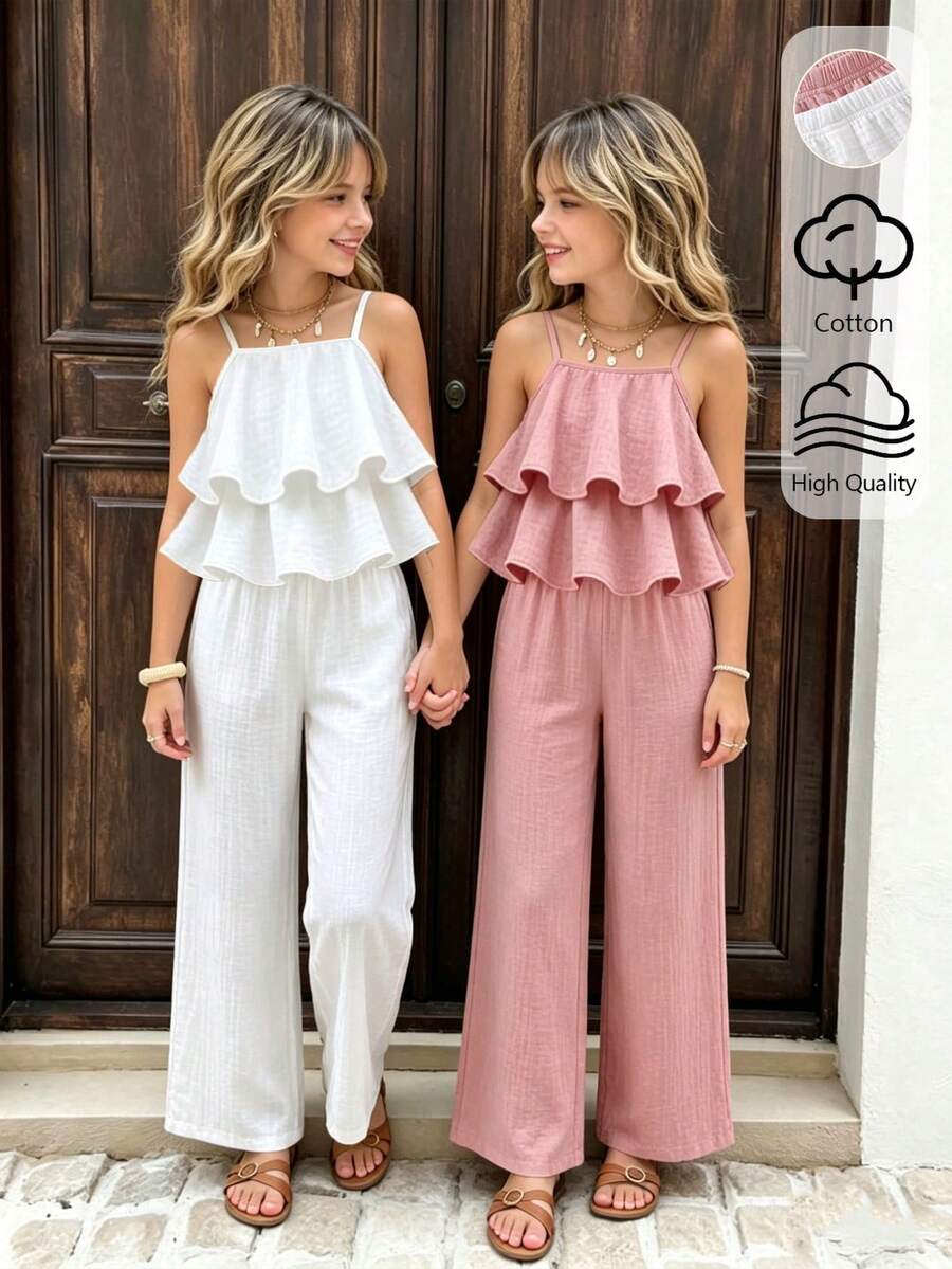 Elladie kids 4pcs/Set Young Girl Solid Color Camisole Top And Pants Casual Daily Wear - Multicolor - View 1