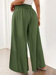 SHEIN Frenchy Plus Size Solid Color High Waist Casual Wide Leg Pants With Tie Front - Green - View 2