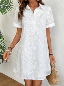 Zayélia Women's Summer Vacation Jacquard Texture Short Sleeve Shirt Dress - White - View 5