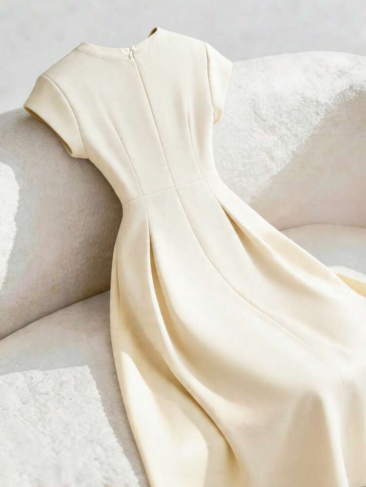 GlowEve Women's Round Neck Faux Pearl Collar Mesh Splice Design A-Line Midi Dress, Elegant Everyday & Holiday Formal Dress - Apricot - View 2