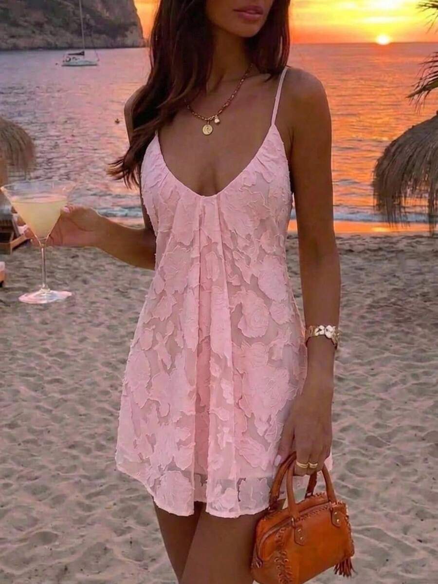 Aloruh Women's Pink Floral Textured Spaghetti Strap Mini Dress,Summer Tropical Backless Deep V-Neck A-Line Holiday Vacation Outfits Beach Clothes - Pink - View 1