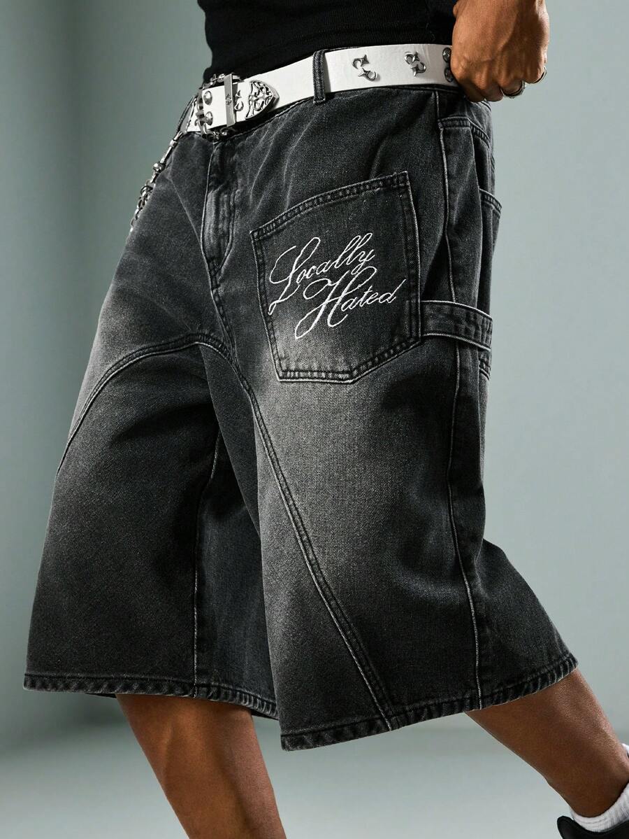 ROMWE MEN Goth Quần short denim nam dáng rộng, thêu chữ, phong cách thường ngày. - màu đen - Xem 1