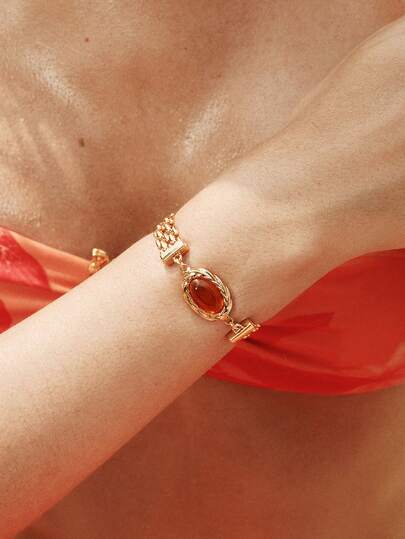 Glisma Gold Chain Brown Beads Exaggerated Watch Chain Wide Bracelet,Premium/Old Money/Classy,Sexy/Vintage,Summer/Beach/Prom/Party,For Mom/Women/Girl/Mother,Layered/Gemstone/Beaded/Crystals