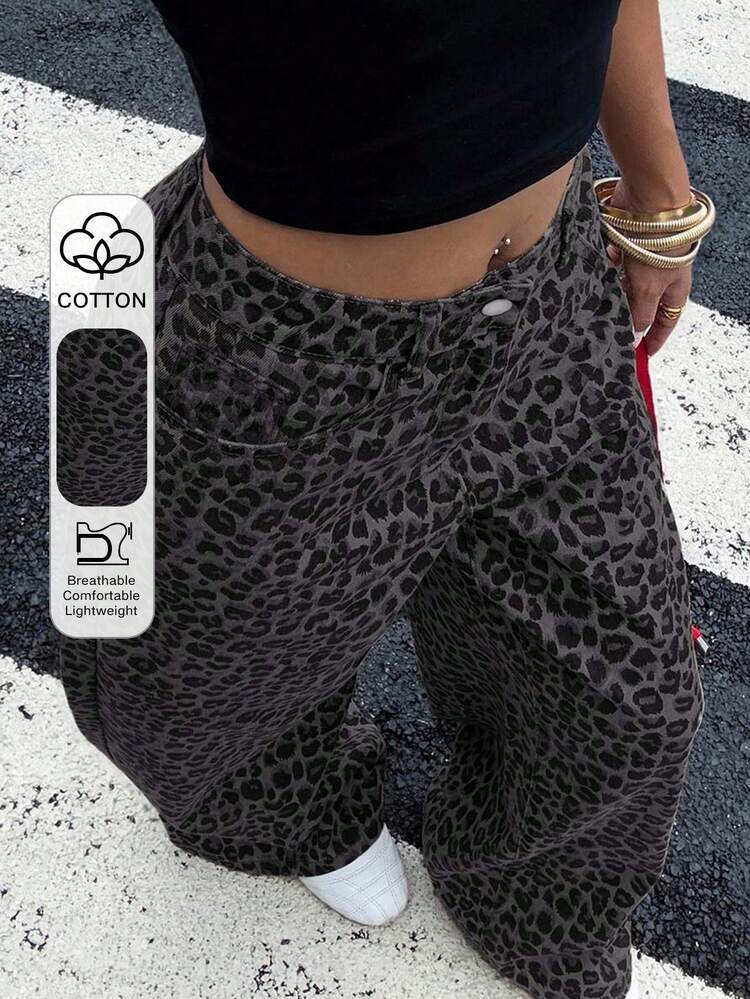 Tall Women's Leopard Print Straight Leg Casual Jeans