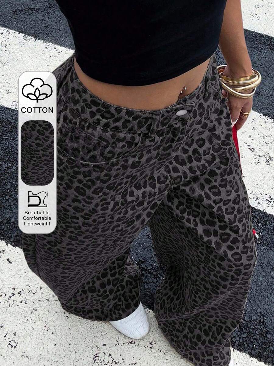 Dazy Tall Jeans casuales de pierna recta con estampado de leopardo para mujeres altas - Gris Oscuro - Ver 1
