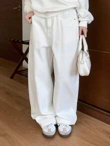 DAZY Quần jean denim dáng rộng, đa năng dành cho nữ, có túi khóa kéo. - trắng - Xem 6